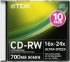 CD-RW TDK 700МБ, 80 мин., 16-24x, 10шт. Slim Case, (CD-RW700USCA10-LC), перезаписываемый компакт-диск
